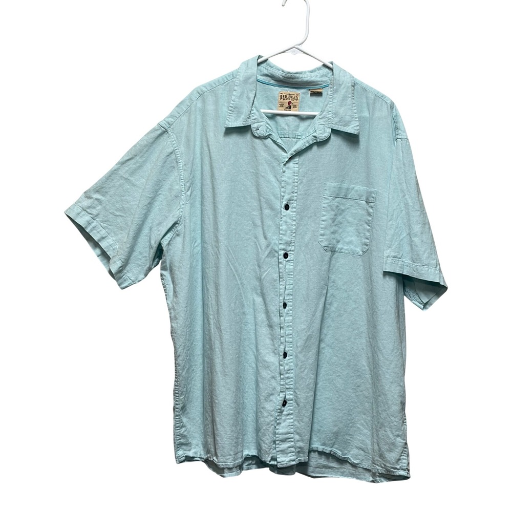 RedHead Brand Co Mens 3XL Blue Linen Cotton Short Sleeve Button Down Shirt Aqua